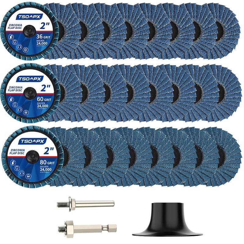 TSOAPX 28 PCS Flap Disc Set, 2" Zirconia Blue Flat Flap Discs Roll Lock Grinding Sanding Sandpaper Wheels with 1/4" Shank Holder Grit 36/60/80, Surface Prep Discs for Angle Grinder Rust Paint Removal - Image 1